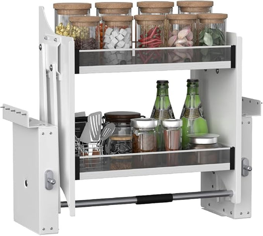 2-Tier Pull-Down Shelf, Cabinet Organizer Drop Down Sliding Shelf Space Saving Kitchen Organizer Spice Rack, 30-32 Inch Width, White