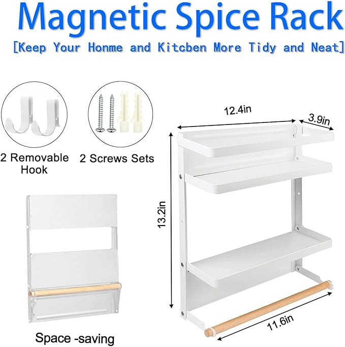 Magnetic Spice Rack for Refrigerator White Magnetic Paper Towel Holder for fridge Magnetic Shelf Magnetic Shelves Fridge Magnet Organizer Spice Rack Kitchen Organization Kitchen Storage