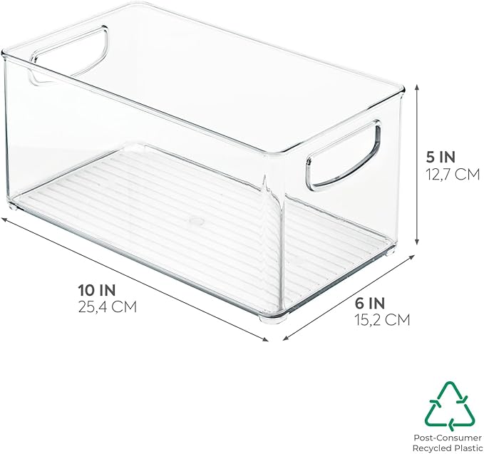 iDesign Plastic Fridge and Freezer Organizer Bin with Integrated Handles – 10” x 5” x 6”, Clear (Pack of 4)