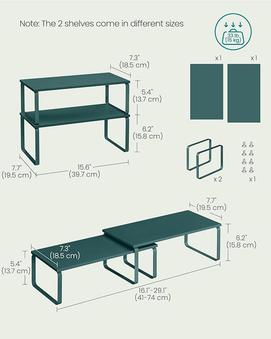SONGMICS Cabinet Organizer Shelf, Set of 2 Kitchen Counter Shelves, Kitchen Storage, Spice Rack, Stackable, Expandable, Metal and Engineered Wood, Ivy Green UKCS200C02