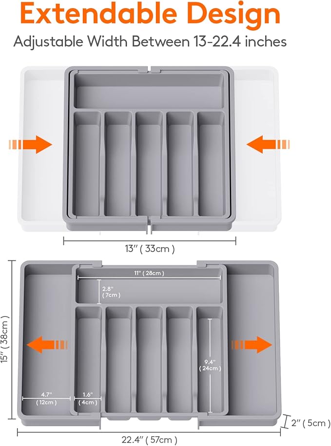 Lifewit Silverware Drawer Organizer, Expandable Utensil Tray for Kitchen, BPA Free Flatware and Cutlery Holder, Adjustable Plastic Storage for Spoons Forks Knives, 2 Pack, Grey