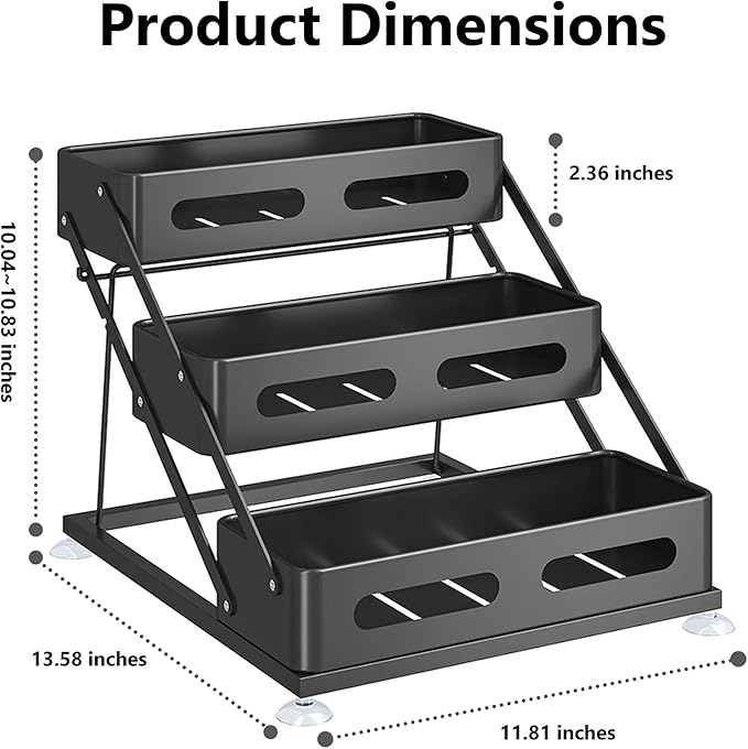 3 Tier Foldable Spice Rack for Countertop Iron Kitchen Seasoning Organizer for Cabinet, Black