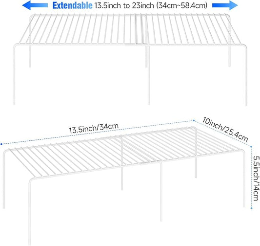 Expandable Storage Shelf, Pantry Organizers and Storage, Adjustable Rustproof Metal Wire Spice Rack, Space Saver Kitchen Storage Shelves for Pan, Pot, Countertop, Drawer, Fridge, Set of 6, White