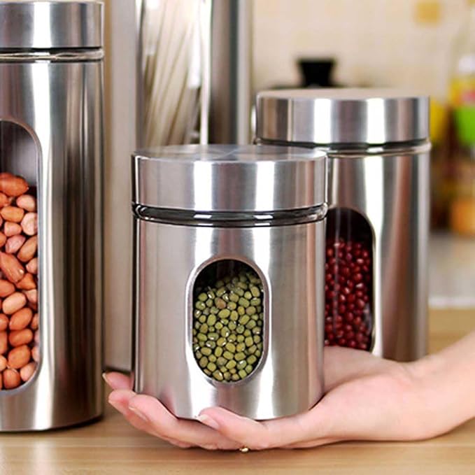 Stainless Steel Container Food Storage Jar Sealed Coffee Can Kitchen Canister with Glass Window and Airtight Lid for Tea Coffee Bean Sugar Candy Cookie Spice Flour, 1 Piece