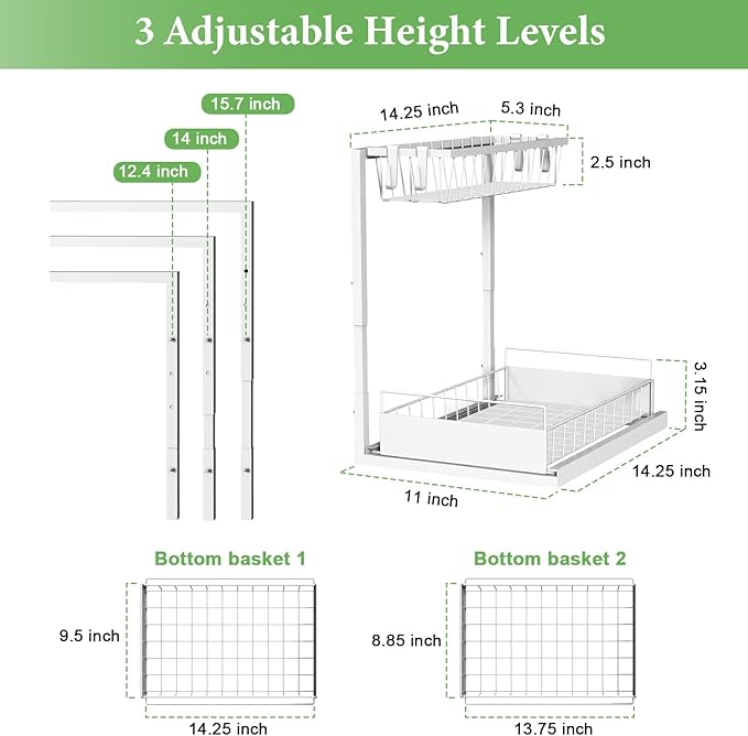 REALINN Under Sink Organizer, Height Adjustable Pull Out Cabinet Organizer, 2 Tier Under Sink Organizers and Storage for Kitchen Bathroom Laundry, White, 2 Pack