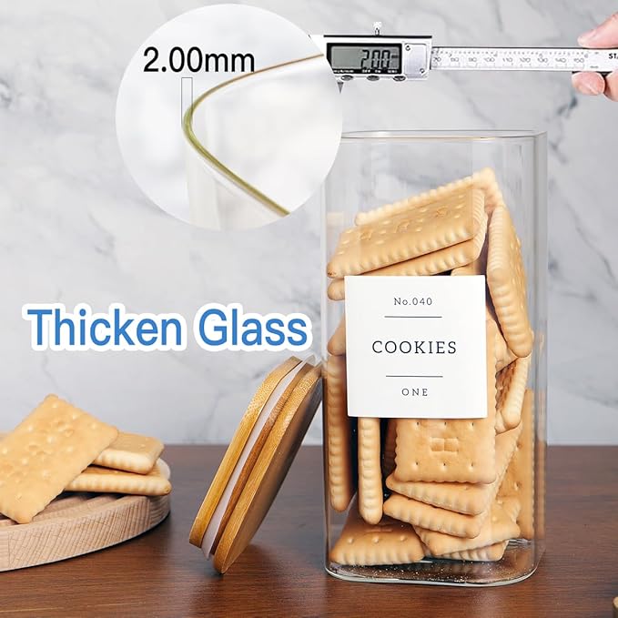 3 Pack Square Glass Kitchen Storage Jars with Airtight Bamboo Lids and 132 Pantry Labels - 54oz Glass Canisters with Wood Lids - Glass Food Storage Containers for Sugar, Rice, Pasta, Cereal