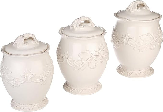 Firenze Ivory 3-Piece Ceramic Canister Set with Lids – Elegant Kitchen Storage Jars for Flour, Sugar, Coffee or Tea – Vintage White Countertop Décor for Farmhouse or French Country Homes