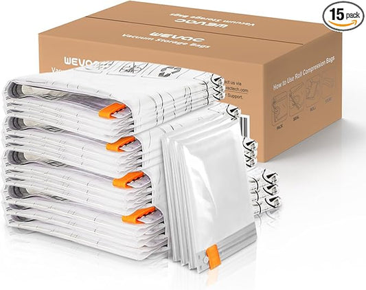 [2024 NEW] 15 Pack Vacuum Storage Bags (3 Jumbo/3 Large/3 Medium/3 Small/3 Roll) | Space Saver | Rapid Vacuum | Double Zip Seal | Clip Stopper | Ideal for Clothes, Blankets Compression and Travelling