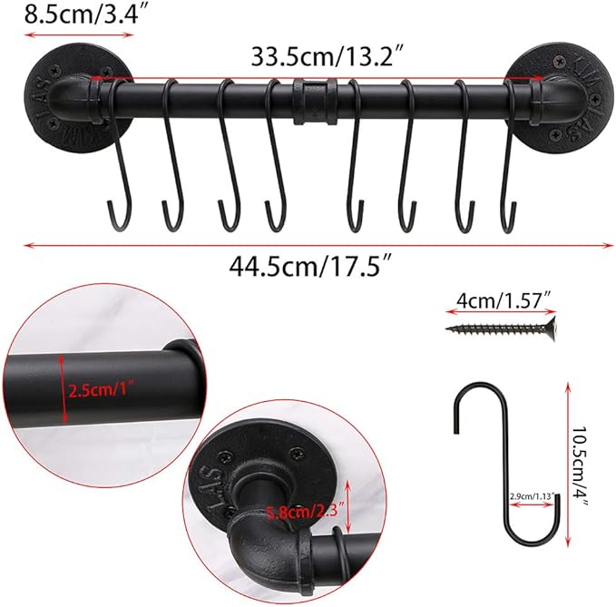 Sumnacon 16 Inch Industrial Pipe Pan Pot Rack with 8-Hooks, Wall Mounted Metal Rail Kitchen Utensil Pot Pan Lid Storage Organizer/Cookware Holder with Hardwares