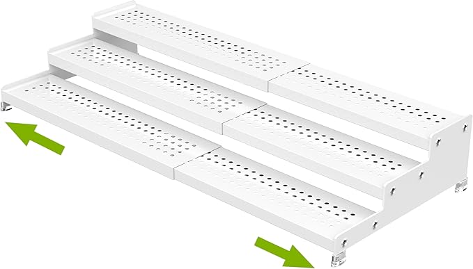 Spice Rack Organizer for Cabinet, 3 Tier Expandable shelf, Great for Kitchen Cabinets, Cupboard,Pantry and more,Metal plate with hole (1 Pack/White,9.45" D x 12.8"~24“L x 3.56" H)