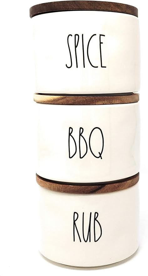 Rae Dunn by Magenta, unique with perfect imperfections. SPICE, BBQ, RUB- Stacked ceramic canister set, beige, black LL, 10in x 4.25in x 4.25in…