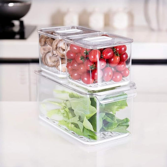 SANNO Produce Saver Containers for Refrigerator - Stackable Kitchen Organizer Keeper Bin, with Removable Drain Tray, Set of 6