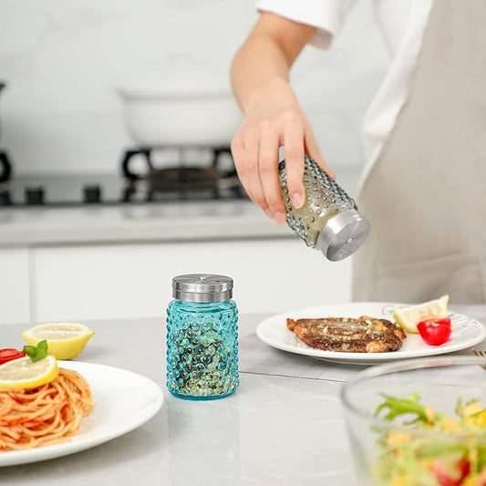 EVEREST Hobnail Salt and Pepper Shakers Glass Set of 2, 4.0 OZ with Salt Shaker Adjustable Stainless Steel Lid-Glass Spice Jars，Strong and durable Best Kitchen Decoration