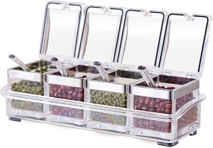 Tenta Kitchen Gourmet Acrylic Seasoning Box - Premium Quality Pure Acrylic Container and Case- 18/8 Stainless Steel Ring - 4 Serving Spoons -Luxurious Condiment Cruet Bottle, Spice Jar Set