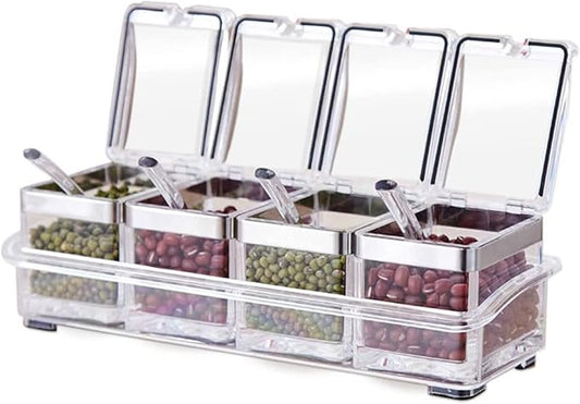 Tenta Kitchen Gourmet Acrylic Seasoning Box - Premium Quality Pure Acrylic Container and Case- 18/8 Stainless Steel Ring - 4 Serving Spoons -Luxurious Condiment Cruet Bottle, Spice Jar Set