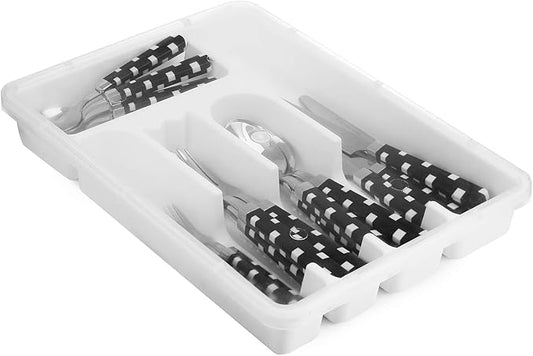Flatware Tray with Lid, Plastic Camper Picnic Cutlery and Utensil Drawer Organizer, Kitchen Silverware Storage Container with Cover, White