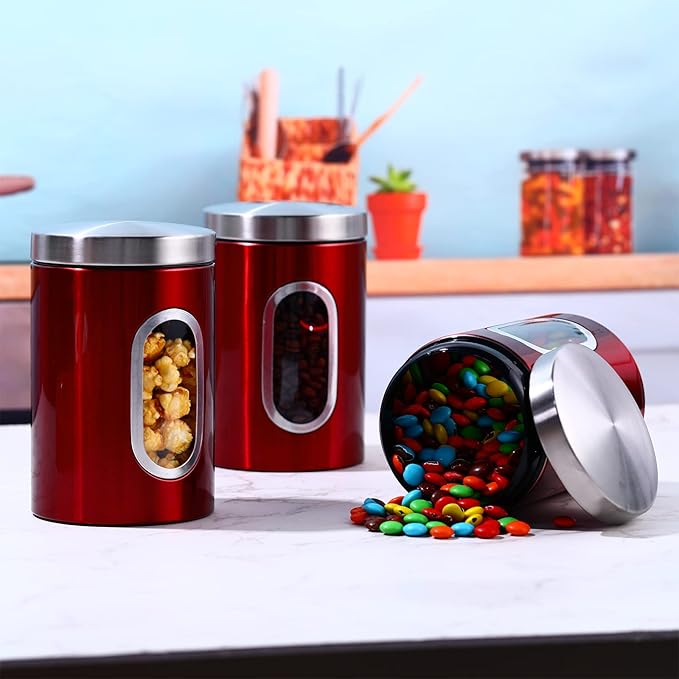 Zopeal 6 Pack Red Canisters Sets For Kitchen 50oz Stainless Steel Red Kitchen Canisters with Transparent Windows Flour Sugar Container Metal Jar Countertop Set for Coffee Tea Decorative