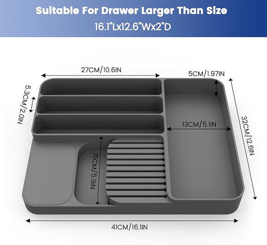 OUTXE Silicone Silverware Drawer Organizer, Non-Slip Utensil Organizer for Kitchen Drawers, Cutlery Tray with Extra Knife Block, 4 Compartments Flatware Organizer for Spoon and Fork, Grey