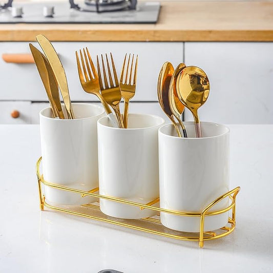 3-Piece White Ceramic Silverware Caddy with Golden Metal Rack, Utensil Holder Flatware Caddy Cutlery Storage Organizer for Kitchen Table (White+Gold)