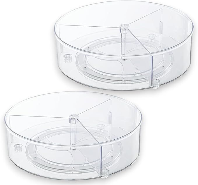2-Pack Clear Spinning Organizer, Revolving Sorter, Rotating Tray, Turntable Storage with Removable Dividers, 3 Sections, High Profile Edge, Clear PET Plastic, Stainless Steel Ball Bearings