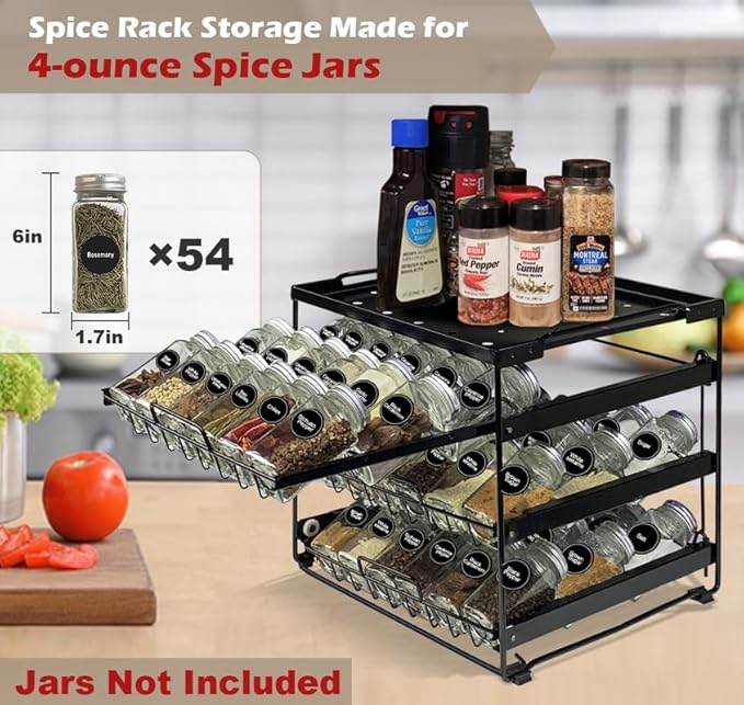 Artibear Desktop Pull Out Spice Rack Organizer for 54 Standard 4-Ounce Jars, 3-Tier Countertop Spice Holder for Kitchen, Matte Black (Jars Not Included)