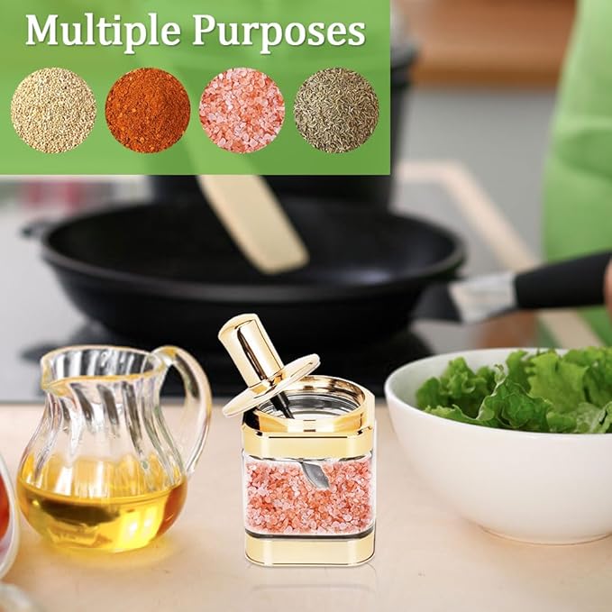 Glass Condiment Spice Jars, 2PC Container with Lids and Spoons, Sugar Bowls Seasoning Box Set, Best Spice jar for Your Home, Kitchen, Counter (Gold(11oz/320 ml))