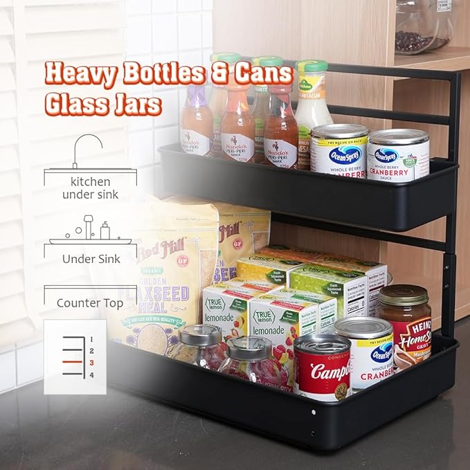 EVERIE Height Adjustable 2 Tier Metal Pull Out Slide Shelf Organizer for Under Sink Cabinets in Kitchen, Bathroom, with Snap-on Top Tray, 16" Deep (Black, 2 Sets)