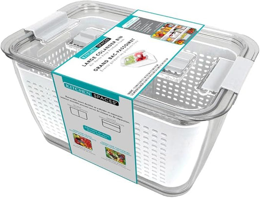Kitchen Spaces Colander Bin, Produce Saver, Fridge Organizer With Lid, Wash, Strain and Store, Great for Refrigerator, Freezer and Pantry, Large, White, Pack of 1