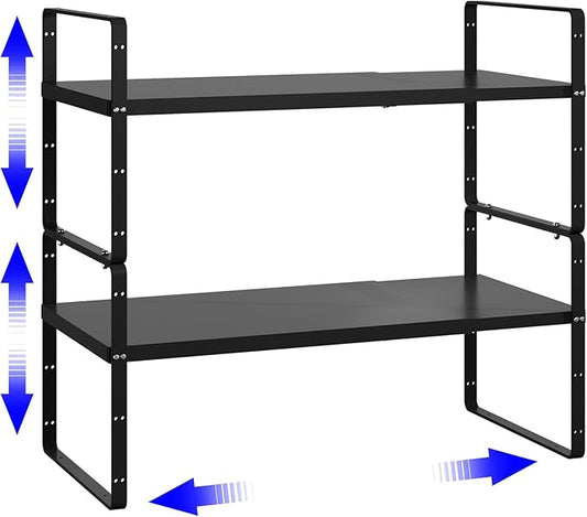 Expandable Cabinet Shelf Organizer, Stackable Kitchen Pantry Counter Storage, Adjustable Closet Cupboard Stand Rack Risers Spice Organization 80LBS Heavy Duty Black 2 Pack
