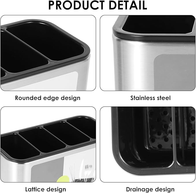 2PCS Silverware Cutlery Organizer, Stainless Steel Kitchen Utensil Holder with 4 Compartments for Counter, Caddy Organizer for Faltware Spoon Fork and Tool
