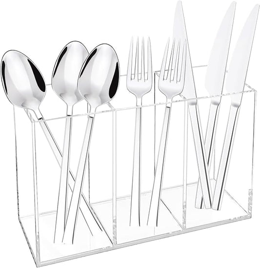 Rainmae Acrylic Cutlery Storage Organizer, Plastic Cutlery Utensil Holder Storage Organizer Caddy for Kitchen Countertop Organization - Holds Fork, Knife, Spoon, Silverware Tableware Storage Box