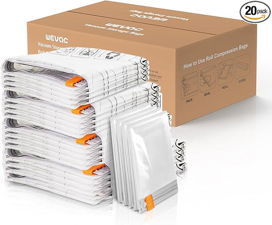 [2024 NEW] 20 Pack Vacuum Storage Bags (4 Jumbo/4 Large/4 Medium/4 Small/4 Roll) | Space Saver | Rapid Vacuum | Double Zip Seal | Clip Stopper | Ideal for Clothes, Blankets Compression and Travelling