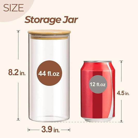 ComSaf Airtight Glass Storage Canister with Wood Lid(44oz), Set of 3 Glass Jars with Lids, Clear Food Storage Container Jar with Sealing Lids for Dry Food Cereal Oat Sugar Tea Coffee Beans, Round