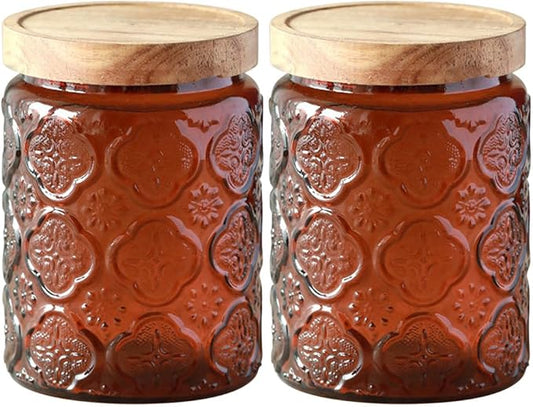 Vintage Glass Jar with Lid,Cookie Candy Jar Coffee Canister Food Storage Containers Storage Jar Set for Kitchen Office (Brown birchapple flowers - acacia)