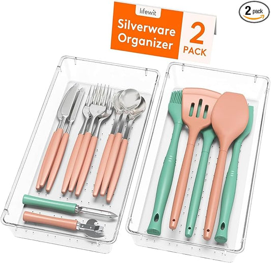 Lifewit Silverware Drawer Organizer, 5.75" x 11.65" Clear Utensil Tray for Kitchen Drawer, Stackable Plastic Flatware and Cutlery Storage Box Divider for Spoons Forks Knives Tools, 2 Pack