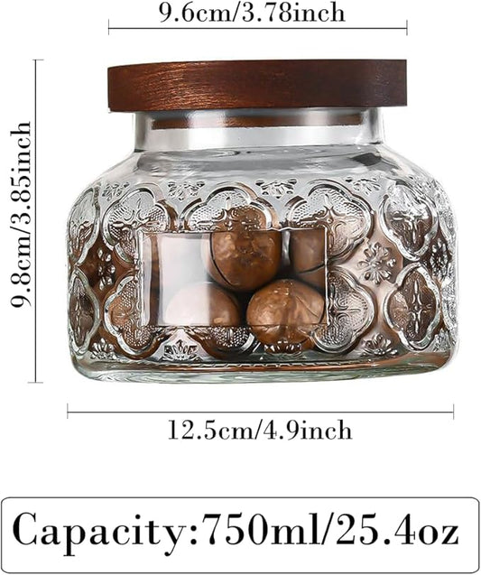 Vintage Glass Jar with Solid Wood Lid, 25.4 FL OZ Begonia Pattern Food Storage Jar, Home Kitchen Decorative Storage Cabinet, Oatmeal, Jam, Coffee, Candy, Cookie Jar, Pet Food Jar (Begonia Flower)