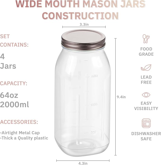 novelinks 4 Pack 64 OZ Plastic Wide Mouth Mason Jars with Airtight Lids - Wide Mouth Half Gallon Large Mason Jar 64 OZ Storage Canning Jar for Kitchen & Household Storage (Rose Gold)