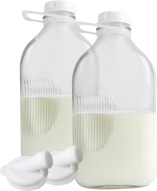 The Dairy Shoppe Heavy Glass Milk Bottles - Jugs with Lids and Silicone Pour Spouts - Clear Milk Containers for Fridge - Reusable Glass Milk Jug Dispenser - Made in USA (64 oz, 2 Pack)