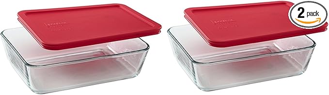 Pyrex 6-cup 7211 Rectangle Glass Food Storage Containers with Red Plastic Lids - 2 Pack Made in the USA