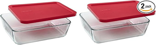 Pyrex 6-cup 7211 Rectangle Glass Food Storage Containers with Red Plastic Lids - 2 Pack Made in the USA