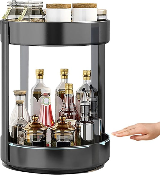 2T Large Plus Rotating Spice Rack Organizer Lazy Susan for Turntable Cabinet Kitchen 2 Tiered Spinning Storage Rack Shelf Black Metal
