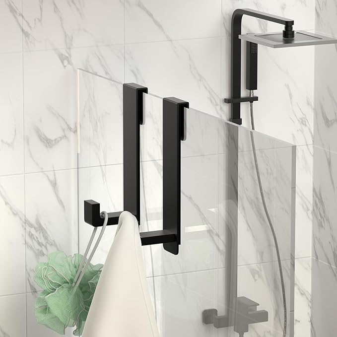 WUIVIUT Heavy-Duty Stainless Steel 7.5 Inch Over The Glass Door Shower Hooks - Towel Hooks for Frameless Shower Glass Door Bathroom Holder for Frameless Glass Door(L Shape 2 Pack, Fits 3/8'' Thick)
