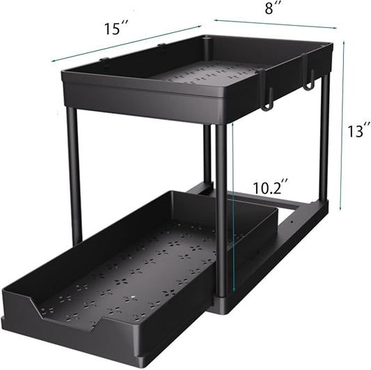 Under Sink Organizer 2 Pack, Bathroom Cabinet Organizer, 2 Tier Sliding Cabinet Basket Organizer Drawer, Multi-Purpose Bath Collection Baskets for Bathroom (Black)