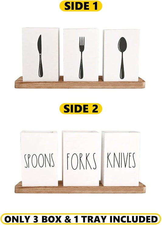 CHONIC Farmhouse Silverware Holder, Rustic Wood Silverware Caddy with Tray, Spoon Fork Knives Flatware Dispenser, Utensil Countertop Organizer, Plastic Cutlery Holder for Kitchen Party (White)