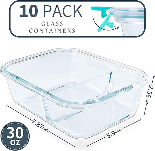 10 Packs 30oz Glass Meal Prep Containers 2 Compartments,Glass Food Storage Containers with Lids,Airtight Glass Lunch Bento Boxes,Oven,Freezer and Dishwasher Safe, Green