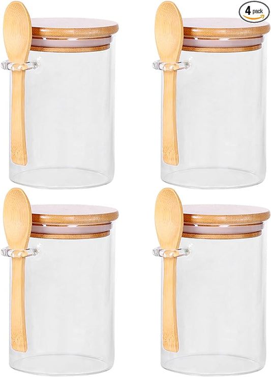 Glass Jars with Bamboo Lids and Wooden Spoons Set of 4, Coffee Tea Sugar Container Set for Loose Tea Canister Storage, Overnight Oats Containers with Scoop for Seasoning, Coffee, Yogurt