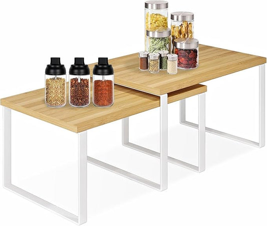 SUYU Kitchen Cabinet Organizer Shelf,Bamboo Spice Rack Set of 2,Space-Saving Countertop Organizer for Kitchen, Office, or Closet, Stackable and Nesting Shelves,White and Natural SCW201B