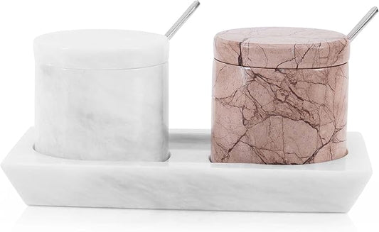 Radicaln Marble Salt Cellar With Lid 3" Inches Handmade White and Marinara Stone Salt Container For Kitchen Ideal Holder With Lid, Spice jar & Salt Cellar Set of 2 With Tray