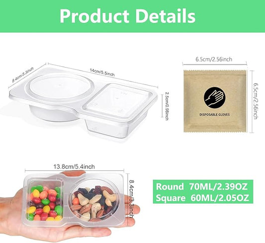 10 Sets Double Compartment Condiment Container for Dip, Sauce, Sampling and Travel Snacks (Includes 5 Pairs Disposable Gloves)