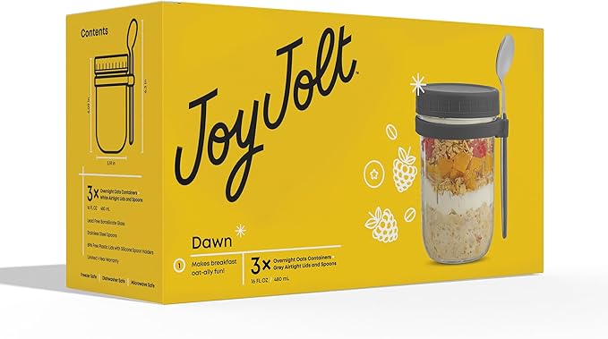 JoyJolt 3-Pack Overnight Oats Containers with Lids and Spoons Set, 16 oz Mason Jars for Overnight Oats, Chia Pudding Jars - BPA-Free, Leak Proof Small Containers for Meal Prep